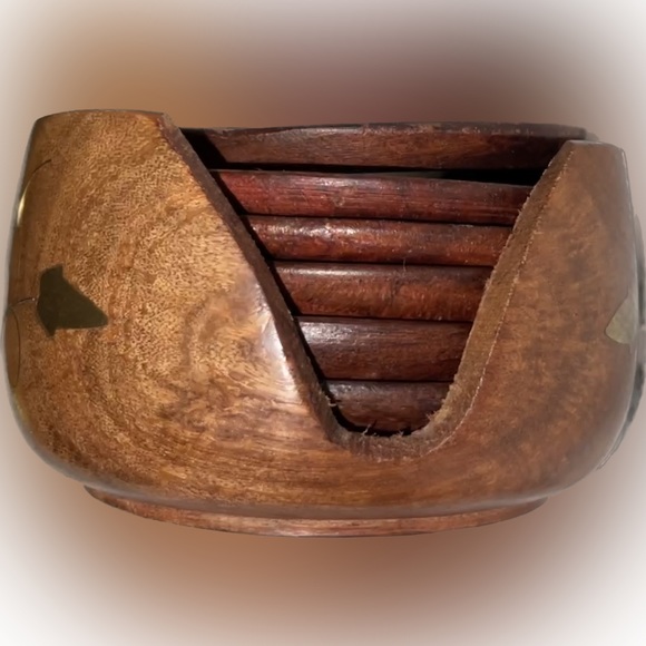 Antique Handmade Wooden Coaster Set Beautiful India Made Hand Carved Designs - Picture 8 of 12